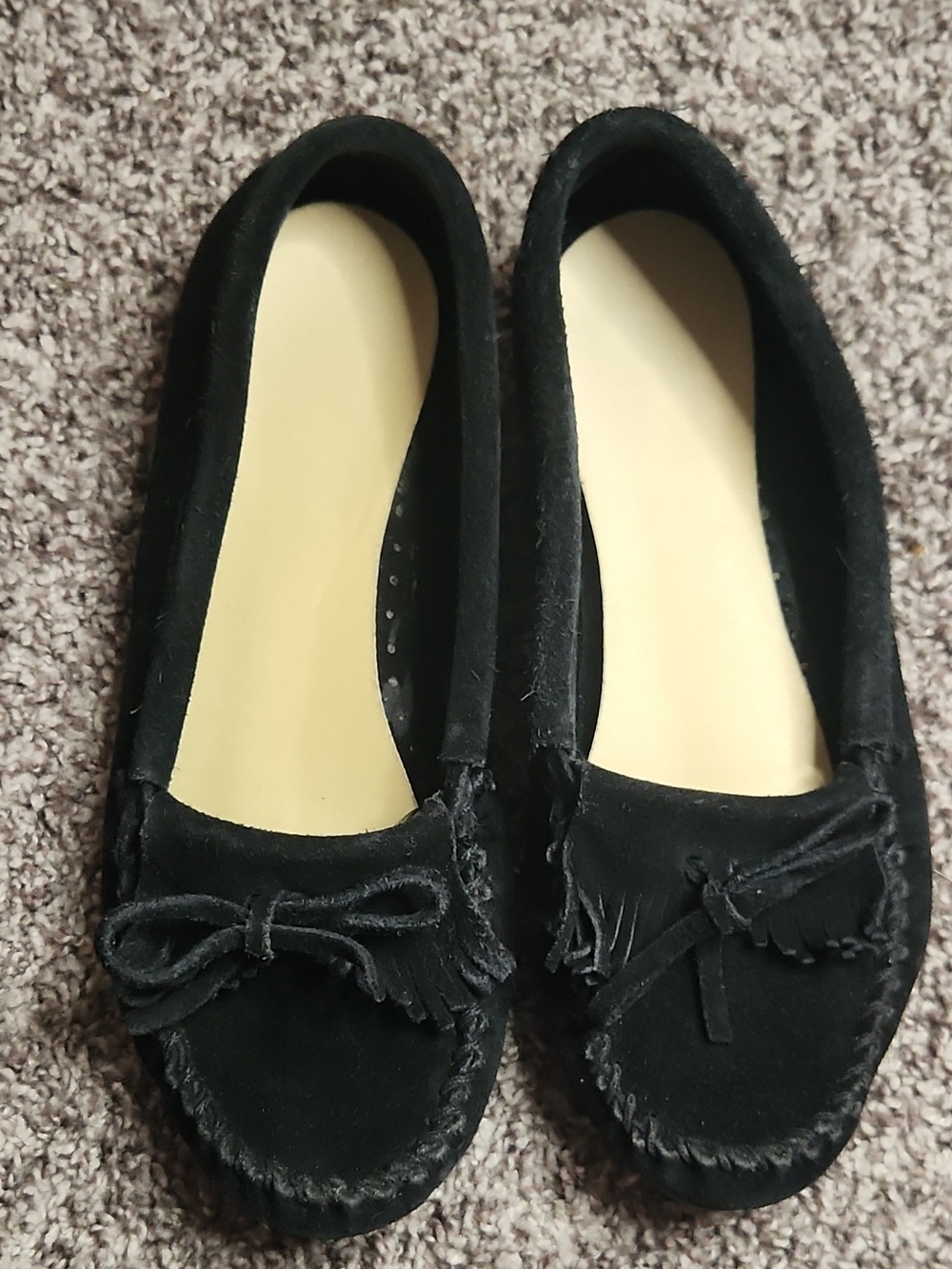 Minnetonka Black Suede Moccasin Flats with Bow & Fringe